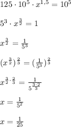 125\cdot 10^5\cdot x^{1,5}=10^5\\\\5^3\cdot x^{ \frac{3}{2} }=1\\\\x^{ \frac{3}{2} }= \frac{1}{5^3} \\\\(x^{ \frac{3}{2} })^{ \frac{2}{3} }=( \frac{1}{5^3} )^{ \frac{2}{3} }\\\\x^{ \frac{3}{2} \cdot \frac{2}{3} }= \frac{1}{5^{ \frac{3\cdot 2}{3} }} \\\\x= \frac{1}{5^2} \\\\x= \frac{1}{25}