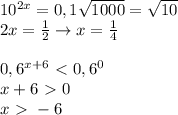 10^{2x}=0,1\sqrt{1000}=\sqrt{10}\\2x=\frac{1}{2}\to x=\frac{1}{4}\\\\0,6^{x+6}\ \textless \ 0,6^0\\x+6\ \textgreater \ 0\\x\ \textgreater \ -6