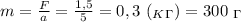 m= \frac{F}{a}= \frac{1,5}{5} =0,3 \ (_K_\Gamma)=300 \ _\Gamma