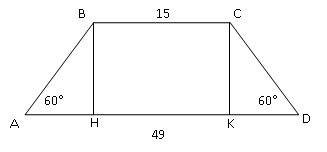Вравнобоковой трапеции один из углов равен60 , а основание - 15 см и 49 см . найдите ее периметр
