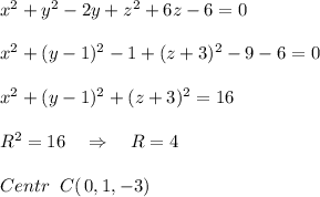 x^2+y^2-2y+z^2+6z-6=0\\\\x^2+(y-1)^2-1+(z+3)^2-9-6=0\\\\x^2+(y-1)^2+(z+3)^2=16\\\\R^2=16\quad \Rightarrow \quad R=4\\\\Centr\; \; C(\, 0,1,-3)