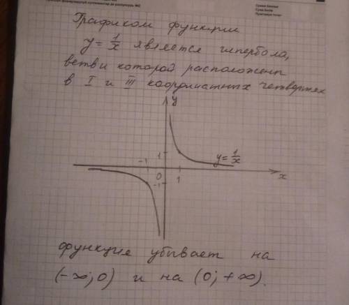 Дана функция у=1/х. постройте график этой функции. возрастает или убывает эта функция на числовом пр