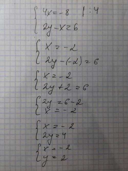 Решите систему линейных уравнений {4x=-8 {2y-x=6