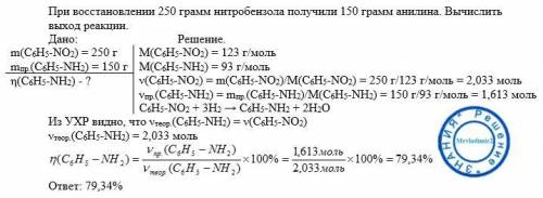 При восстановлении 250 грамм нитробензола получили 150 грамм анилина. вычислить выход реакции.