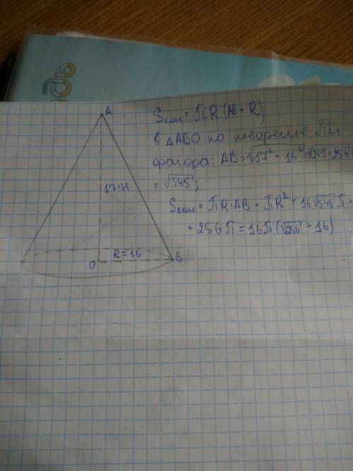 Найти площадь полной поверхности и объем конуса, если радиус равен 16, высота -17