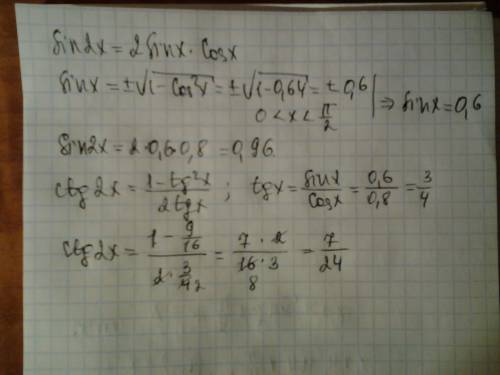 Срешением, ! вычислить sin2х и ctg2х , если cos х = 0.8, 0 < х < п/2