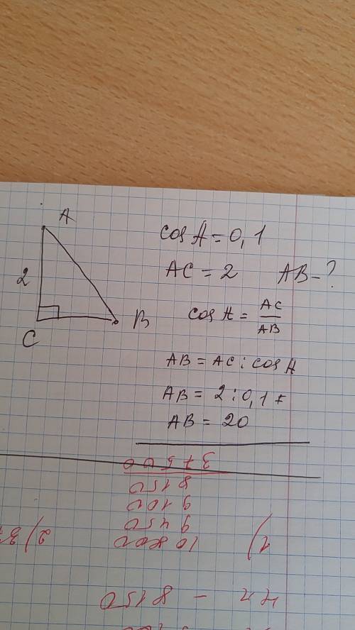 Втреугольнике abc угол с = 90 градусов, cos a = 0,1 ас=2 найдите аb