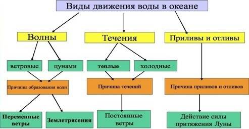 Назовите основные виды движения воды в океане и причины их возникновения