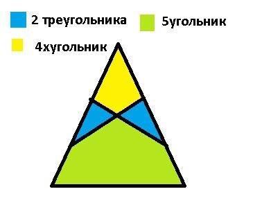 Провести 2 отрезка в треугольнике так чтобы получилось 2 треугольника, 1 четырехугольник и 1 тятиуго