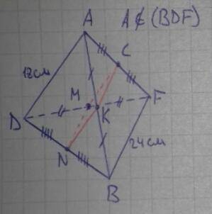 Точка а лежить поза площиною трикутника bdf. точки n,m, c, k-середини вiдрiзкiв bn df fa ab. обчислi