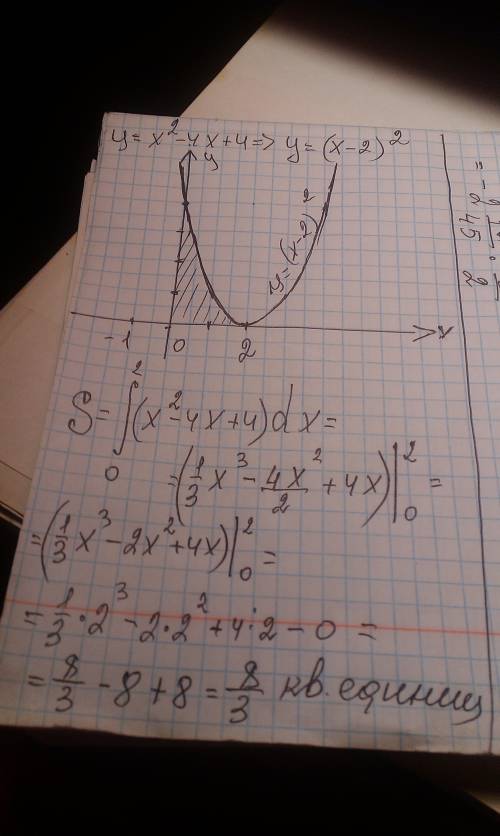 Найти площадь фигуры ограниченной указанными линиями y=x^2-4x+4, y=0, x=0