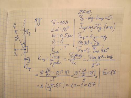 Тело массы m=0.5кг равномерно движется вверх по вертикальной стене под действием силы f=10h,направле