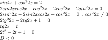 sin4x+cos^22x=2 \\ &#10;2sin2xcos2x+cos^22x-2cos^22x-2sin^22x=0 \\ &#10;2sin^22x-2sin2xcos2x+cos^22x=0 |:cos^22x \neq 0 \\ &#10;2tg^22x-2tg2x+1=0 \\ &#10;tg2x=t \\ &#10;2t^2-2t+1=0 \\ &#10;D\ \textless \ 0&#10;