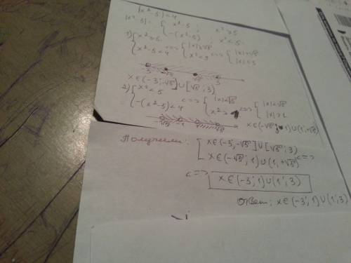 Решение неравенства |x^2-5|< 4 имеет вид 1) (-3; -1)u(1; 3) 2) (-3; -1) 3) (-3; 3) 4) (1; 3) 5) (
