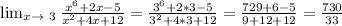 \lim_{x \to \ 3} \frac{ x^{6}+2x-5 }{ x^{2} +4x+12} = \frac{ 3^{6} +2*3-5}{ 3^{2} +4*3+12} = \frac{729+6-5}{9+12+12} = \frac{730}{33}