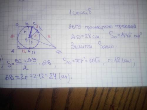 Упрямокутній трапеції більша основа дорівнює 28 см . знайдіть площу цієї трапеції ,якщо площа кола в