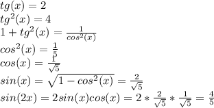 tg(x)=2\\tg^2(x) = 4\\1+tg^2(x) = \frac{1}{cos^2(x)}\\cos^2(x) =\frac{1}{5}\\cos(x) =\frac{1}{\sqrt{5}}\\sin(x) = \sqrt{1-cos^2(x)} =\frac{2}{\sqrt{5}}\\sin(2x) = 2sin(x)cos(x) = 2*\frac{2}{\sqrt{5}}*\frac{1}{\sqrt{5}} = \frac{4}{5}