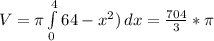 V= \pi \int\limits^4_0 { \(64-x^2)} \, dx = \frac{704}{3}* \pi