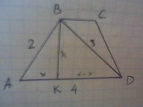 Равнобедренная трапеция, большее основание = 4 см, диагональ = 3 см, боковая сторона = 2 см. найти п