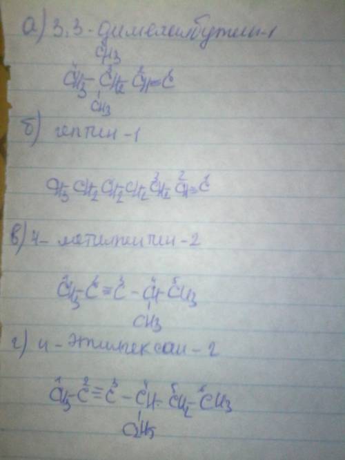 2. напишите структурные формулы следующих алкинов: а) 3-3-диметилбутин-1; б) гептин-1; в) 4-метилпен