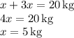 x+3x=20\, \text{kg}\\4x=20\, \text{kg}\\x=5\,\text{kg}