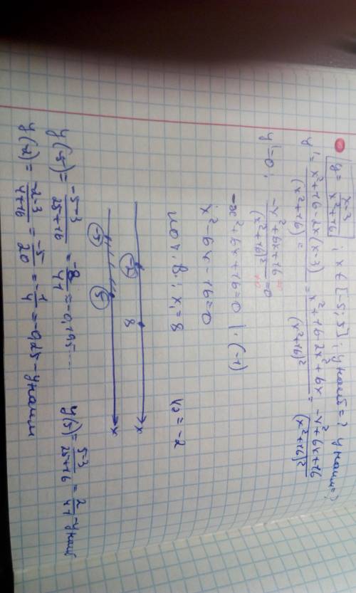 (x-3)/(x^2+16) на отрезке от -5 до 5, найти наибольшее и наименьшее значение функции, , 20 б