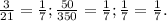 \frac{3}{21} = \frac{1}{7} ;&#10; \frac{50}{350} = \frac{1}{7};&#10; \frac{1}{7} = \frac{1}{7}.