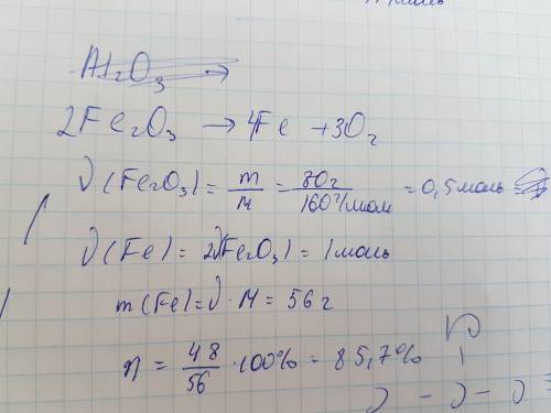 Алюминотермическим из 80 г оксида железа (iii) получили 48 г железа. массовая доля выхода железа от