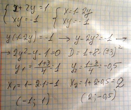 Решите систему уравнений методом подставки: {x+2y = 1 {xy=-1