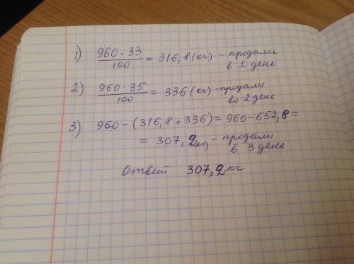 За три дня в магазине было продано 960кг сахара. в первый день было продано 33% от всего сахара , во