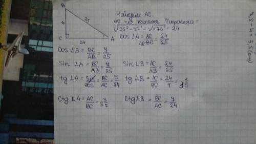 Впрямоугольном треугольнике авс (уголс=90градусов) найти синус, косинус, тангенс, котангенс углов а