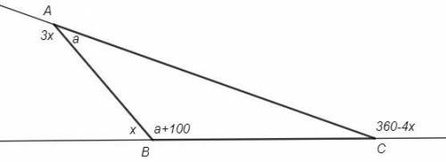 Втреугольнике авс угол а на 100 градусов меньше угла в,а внешний угол при вершине а в три раза больш