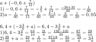 a+(-0,6+ \frac{7}{12}) \\ 1)-0,6+ \frac{7}{12}=- \frac{3}{5}+ \frac{7}{12}= \frac{-36+35}{60}=- \frac{1}{60} \\ 2)a- \frac{1}{60}= \frac{1}{15}- \frac{1}{60}= \frac{4-1}{60}= \frac{3}{60}= \frac{1}{20}=0,05 \\ \\ 6,4+(-3 \frac{3}{6}+a)=6,4-3 \frac{3}{6}+a \\ 1)6,4-3 \frac{3}{6}= \frac{64}{10}- \frac{21}{6}= \frac{192-105}{30}= \frac{87}{30}= \frac{29}{10} \\ 2) \frac{29}{10}+a= \frac{29}{10}+ \frac{4}{15}= \frac{87+8}{30}= \frac{95}{30}= \frac{19}{6}=3 \frac{1}{6}