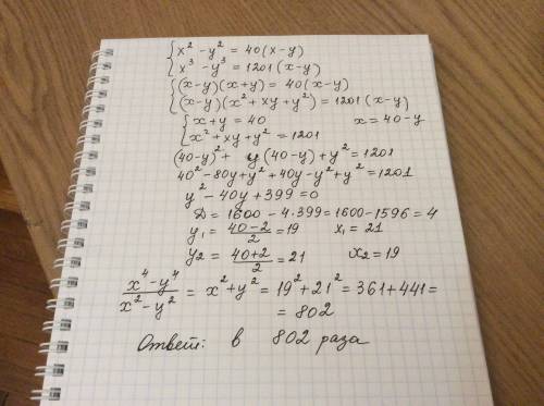 Разность квадратов двух различных действительных чисел в 40 раз больше разности этих чисел, а разнос