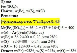 9класс. найти массовые доли элементов в веществе сульфат железа 3. составить круговую диаграмму .