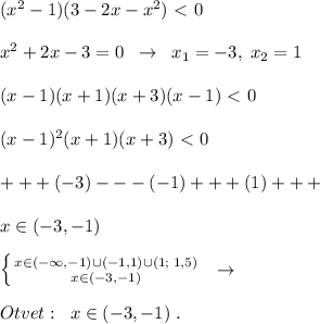 (x^2-1)(3-2x-x^2)\ \textless \ 0\\\\x^2+2x-3=0\; \; \to \; \; x_1=-3,\; x_2=1\\\\(x-1)(x+1)(x+3)(x-1)\ \textless \ 0\\\\(x-1)^2(x+1)(x+3)\ \textless \ 0\\\\+++(-3)---(-1)+++(1)+++\\\\x\in (-3,-1)\\\\ \left \{ {{x\in (-\infty ,-1)\cup (-1,1)\cup (1;\; 1,5)} \atop {x\in (-3,-1)}} \right. \; \; \to \\\\Otvet:\; \; x\in (-3,-1)\; .