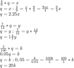 \frac{4}{9} *q = x \\ &#10;q=x:\frac{4}{9} = \frac{x}{1} * \frac{9}{4} = \frac{9*x}{4}= \frac{9}{4}x \\ &#10; q=2.25x \\ \\ &#10; \frac{7}{12}*q=y \\ &#10;q= y: \frac{7}{12} =y* \frac{12}{7} \\ &#10;q=1 \frac{4}{7} y \\ \\ &#10; \frac{5}{100} *q=k \\ &#10;0.05q=k \\ &#10;q=k:0,05 =\frac{k}{0.05} = \frac{100k}{5} = \frac{100}{5} *k \\ &#10;q= 20k \\ \\ &#10;