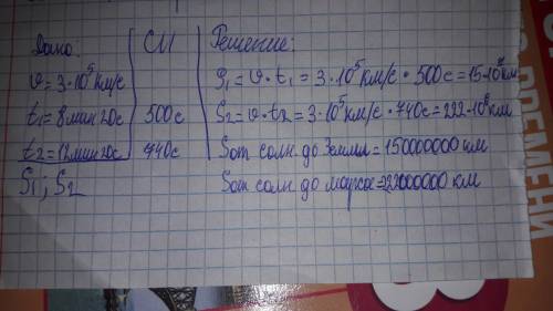 Vсвета-300.000км/с t от солнца до земли -8мин 20 с t от солнца до марса -12 мин 40с найти: s от солн