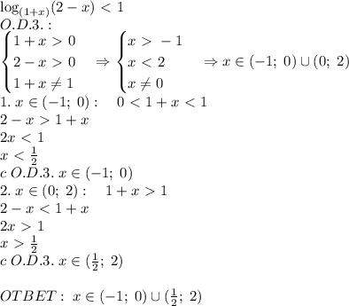 \log_{(1+x)}(2-x)\ \textless \ 1\\O.D.3.:\\\begin{cases}1+x\ \textgreater \ 0\\2-x\ \textgreater \ 0\\1+x\neq1\end{cases}\Rightarrow\begin{cases}x\ \textgreater \ -1\\x\ \textless \ 2\\x\neq0\end{cases}\Rightarrow x\in(-1;\;0)\cup(0;\;2)\\1.\;x\in(-1;\;0):\quad0\ \textless \ 1+x\ \textless \ 1\\2-x\ \textgreater \ 1+x\\2x\ \textless \ 1\\x\ \textless \ \frac12\\c\;O.D.3.\;x\in(-1;\;0)\\2.\;x\in(0;\;2):\quad1+x\ \textgreater \ 1\\2-x\ \textless \ 1+x\\2x\ \textgreater \ 1\\x\ \textgreater \ \frac12\\c\;O.D.3.\;x\in(\frac12;\;2)\\\\OTBET:\;x\in(-1;\;0)\cup(\frac12;\;2)