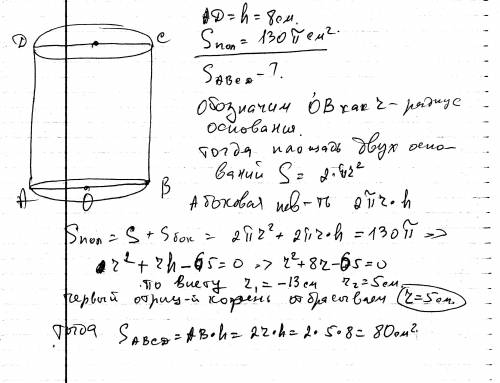 Высота цилиндра равна 8 см,площадь его полной поверхности равна 130п см².найдите площадь осевого сеч