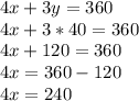 4x+3y=360 \\ 4x+3*40=360 \\ 4x+120=360 \\ 4x=360-120 \\ 4x=240