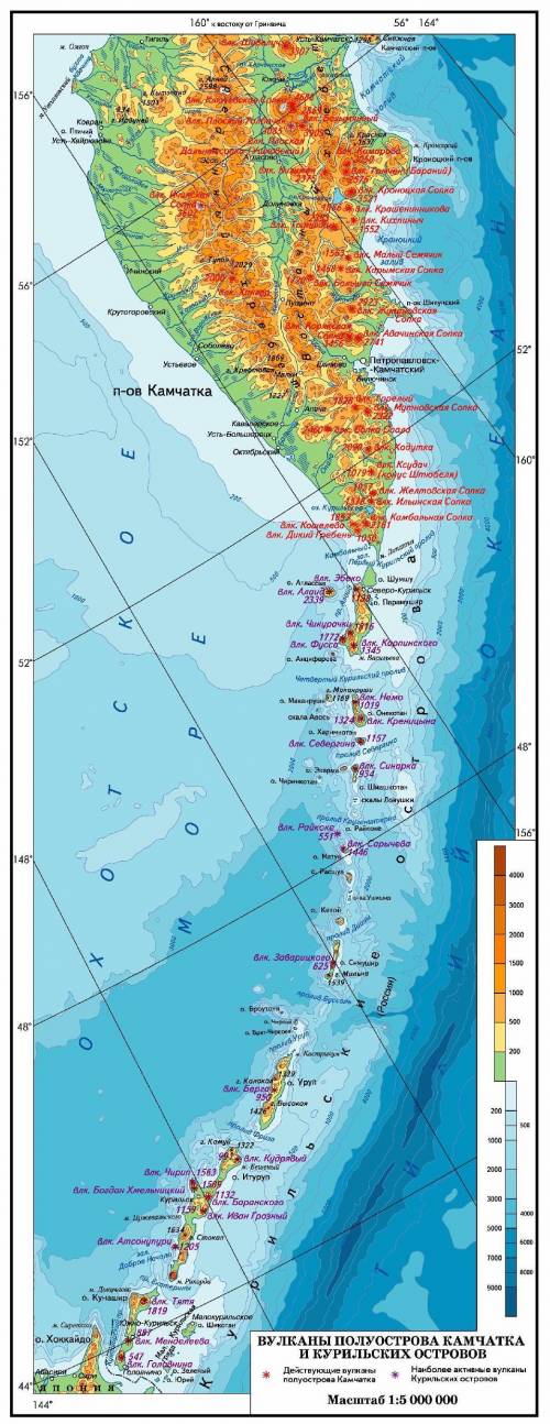 Используя карты атласа примеры действующих вулканов камчатки и курильских островов