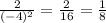 \frac{2}{(-4)^2} = \frac{2}{16}= \frac{1}{8}