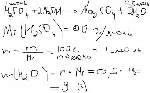 Какая масса воды образуется при взаимодействии 100 г h2so4 со щелочью naoh