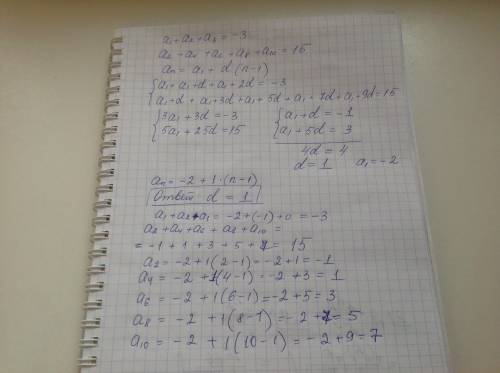 Найдите разность арифметической прогрессии, если известно, что a1+a2+a3=-3 , а a2+a4+a6+a8+a10=15