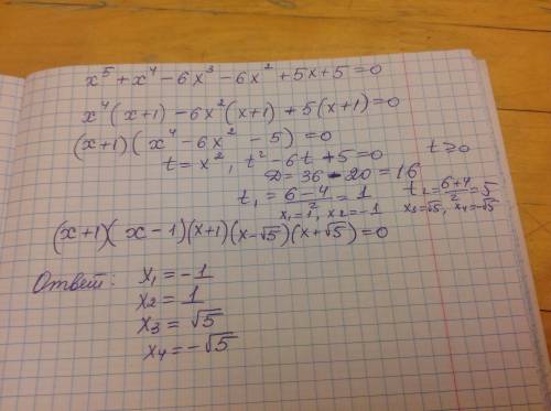 Решите с обьяснением x^5+x^4-6x^3-6x^2+5x+5=0