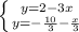 \left \{ {{y=2 - 3x} \atop {y = -\frac{10}{3}-\frac{x}{3} }} \right.