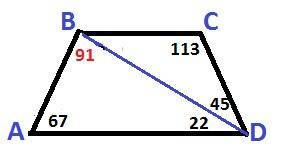 Втрапеции авсд известно , что ав =сд, угол вда=22 градусов и угол вдс=45 градусов. найдите угол авд.