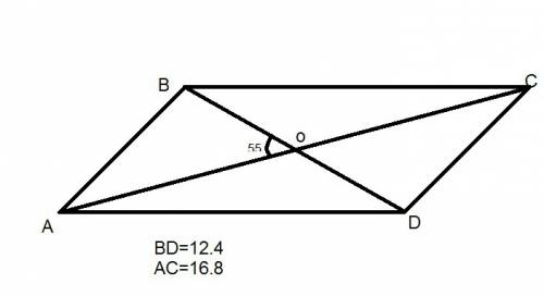 Диагонали паралелограмма равны 16.8 и 12.4 угол между ними 55 градусов. найти большую сторону.