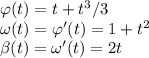 \varphi(t) = t+t^3/3\\&#10;\omega(t) = \varphi'(t) = 1+t^2\\&#10;\beta(t) = \omega'(t) = 2t